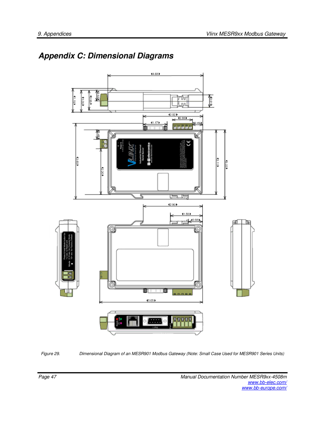 B&B Electronics MESR9xx manual Appendix C Dimensional Diagrams 