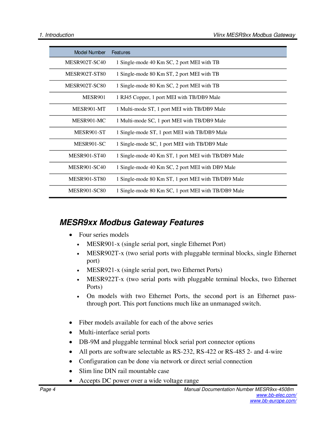 B&B Electronics manual MESR9xx Modbus Gateway Features, MESR901-SC 