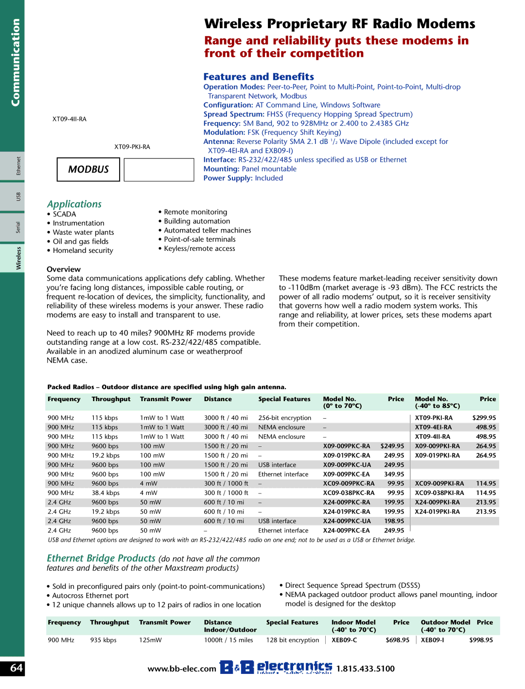 B&B Electronics manual Wireless Proprietary RF Radio Modems, Features and Benefits, Applications, Overview 