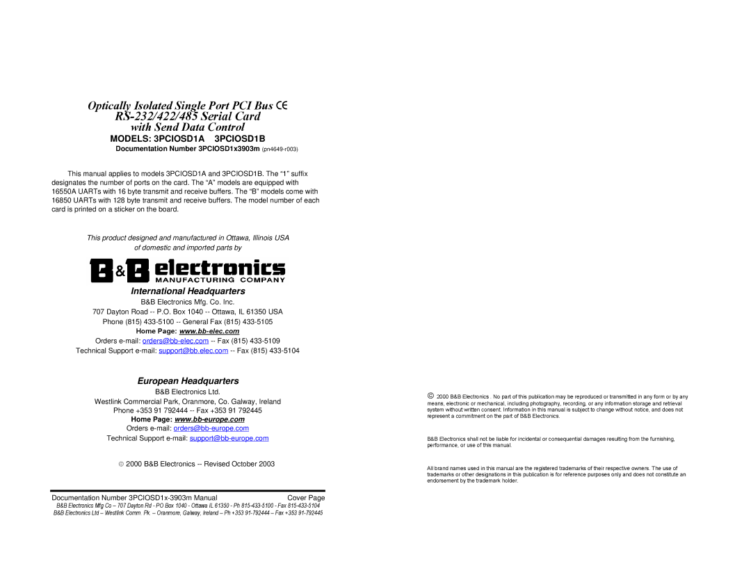 B&B Electronics Optically Isolated Single Port PCI Bus CE, 3PCIOSD1x-3903m manual RS-232/422/485 Serial Card 