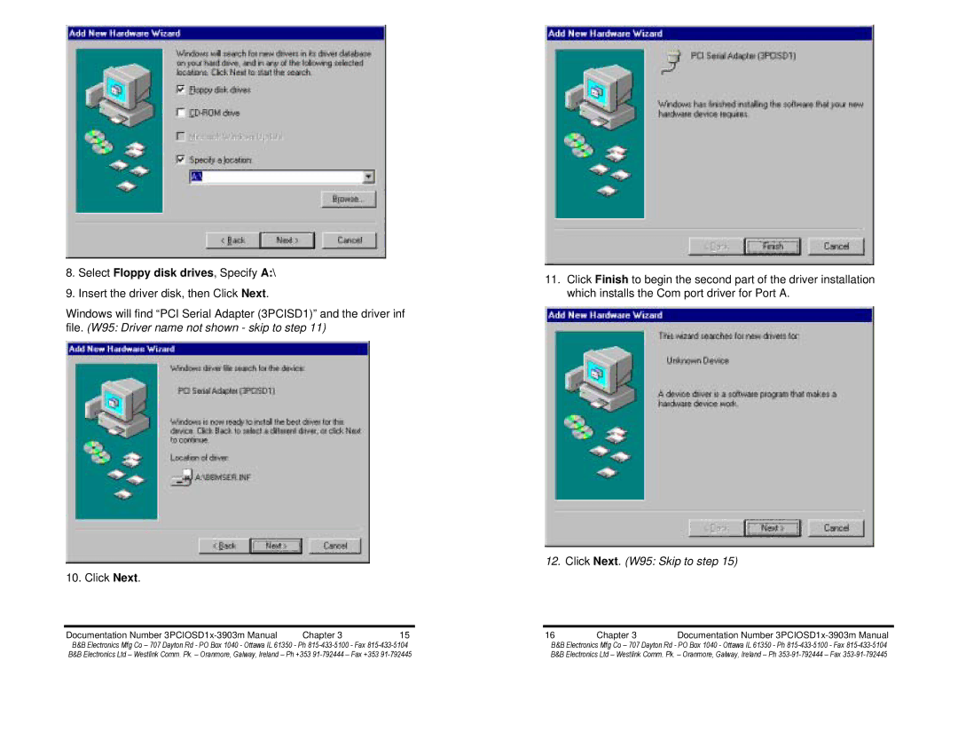 B&B Electronics 3PCIOSD1x-3903m manual Select Floppy disk drives, Specify A, Click Next. W95 Skip to step 