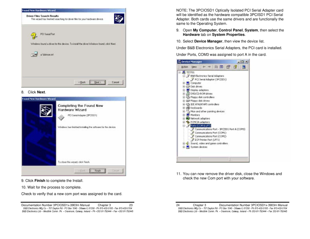 B&B Electronics Optically Isolated Single Port PCI Bus CE manual Documentation Number 3PCIOSD1x-3903m Manual Chapter 