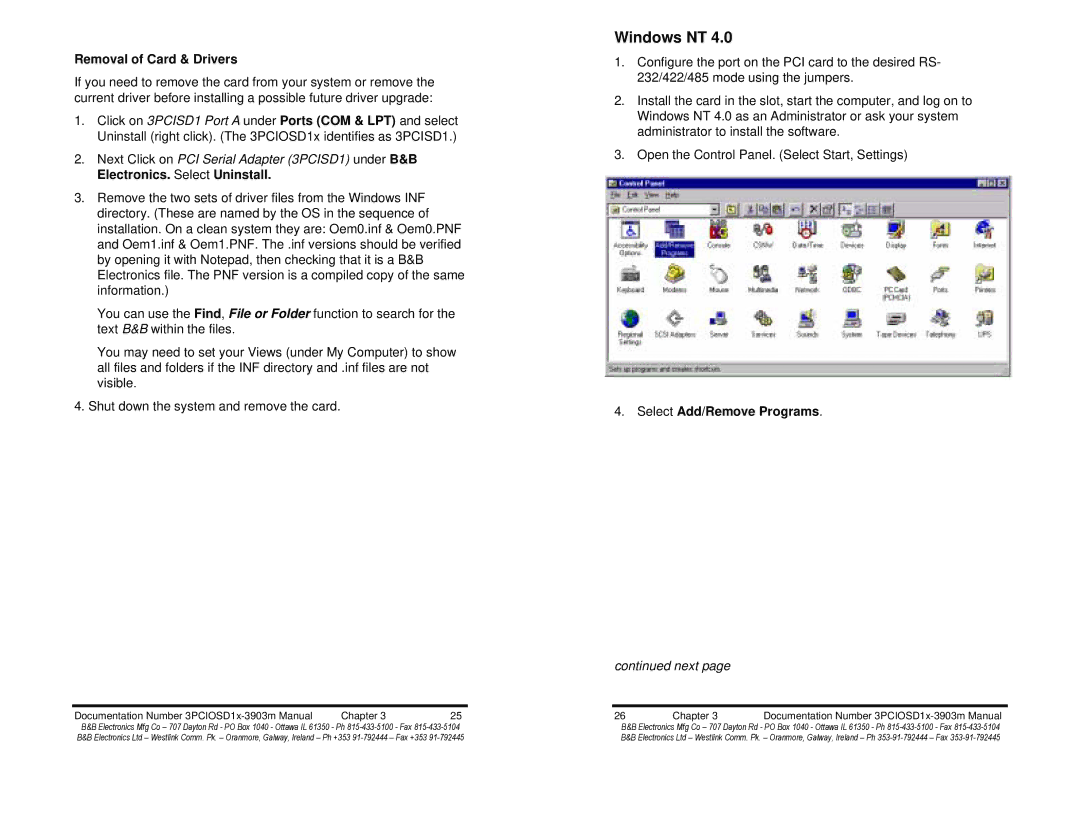 B&B Electronics Optically Isolated Single Port PCI Bus CE, 3PCIOSD1x-3903m manual Windows NT, Removal of Card & Drivers 