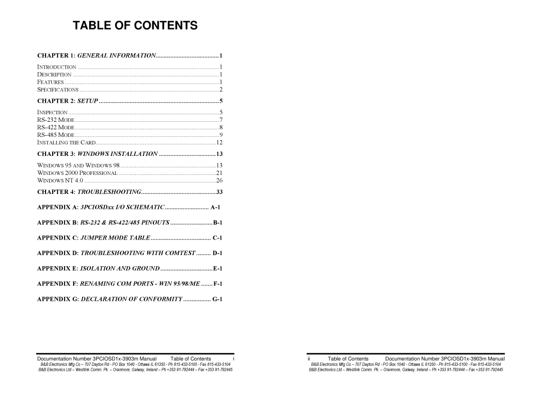 B&B Electronics 3PCIOSD1x-3903m, Optically Isolated Single Port PCI Bus CE manual Table of Contents 