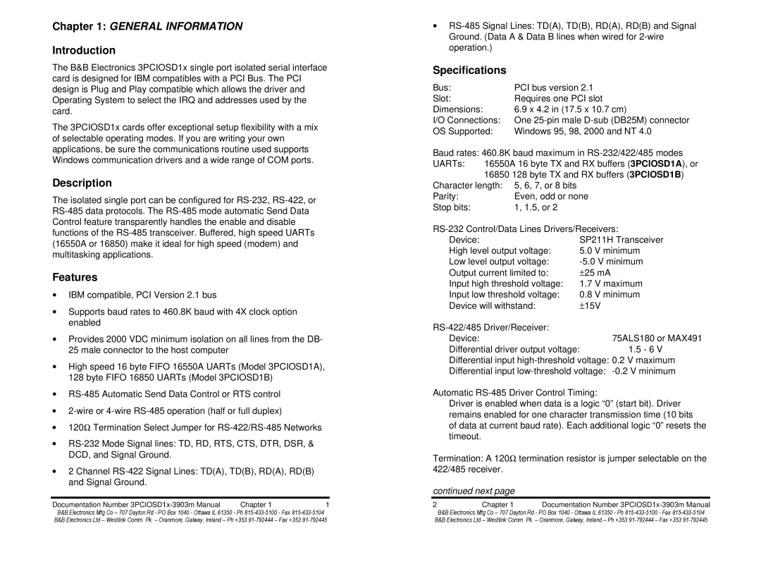 B&B Electronics Optically Isolated Single Port PCI Bus CE manual General Information, Introduction, Description, Features 