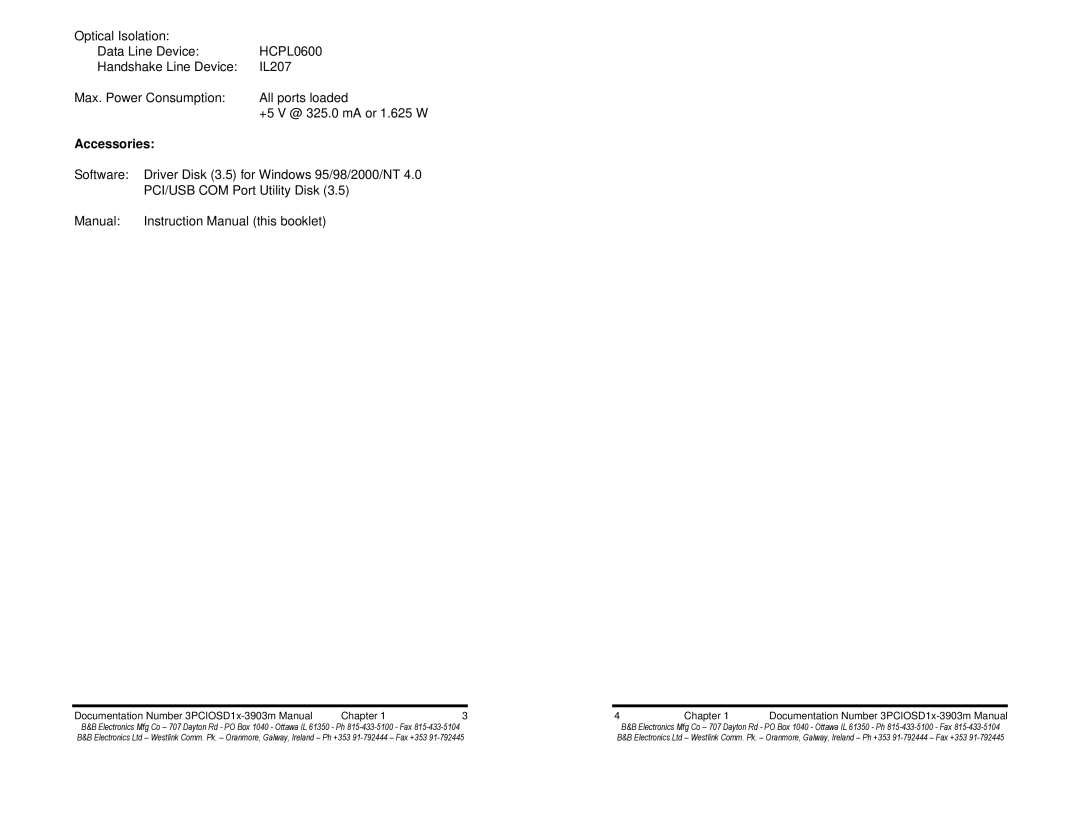 B&B Electronics 3PCIOSD1x-3903m, Optically Isolated Single Port PCI Bus CE manual Accessories 