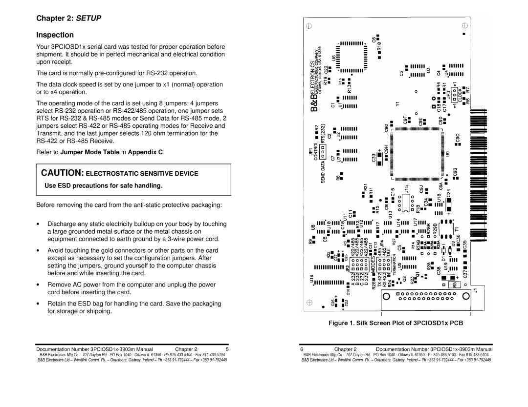 B&B Electronics Optically Isolated Single Port PCI Bus CE manual Setup Inspection, Silk Screen Plot of 3PCIOSD1x PCB 