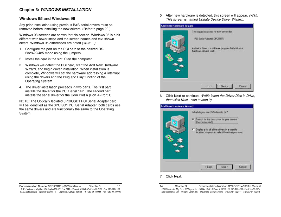 B&B Electronics Optically Isolated Single Port PCI Bus CE, 3PCIOSD1x-3903m Windows Installation, Windows 95 and Windows 