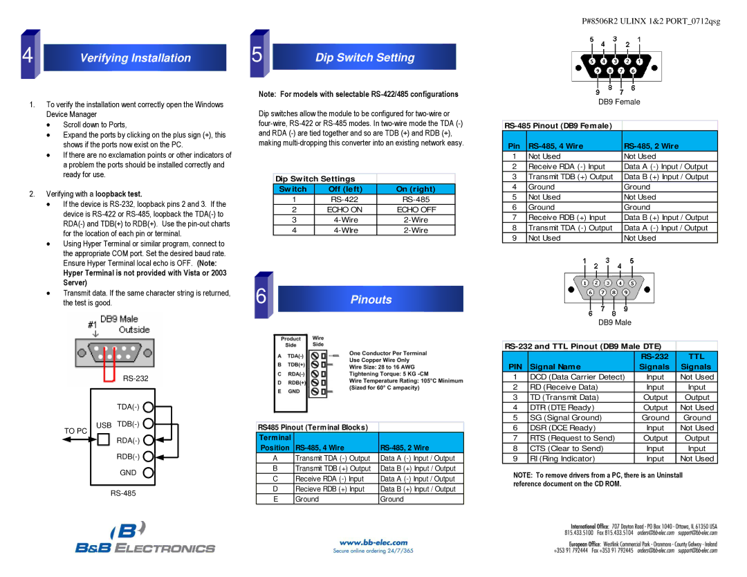 B&B Electronics P#8506R2 quick start Verifying Installation, Dip Switch Setting, Pinouts 