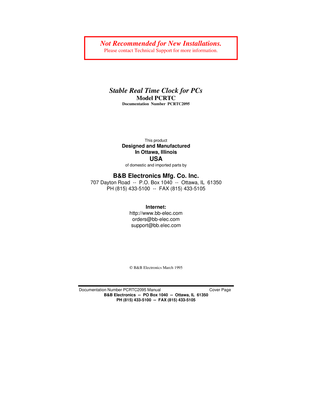 B&B Electronics PCRTC manual Electronics Mfg. Co. Inc, Designed and Manufactured Ottawa, Illinois, Internet 