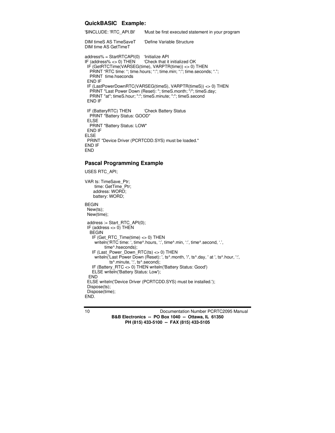 B&B Electronics PCRTC manual QuickBASIC Example, Pascal Programming Example 