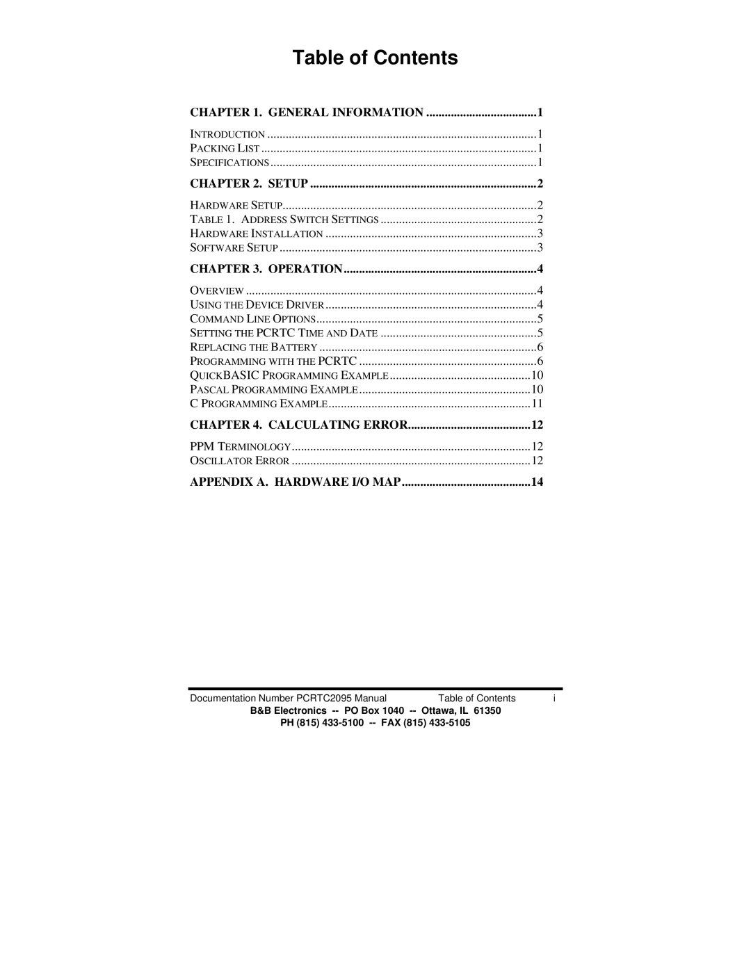 B&B Electronics PCRTC manual Table of Contents 