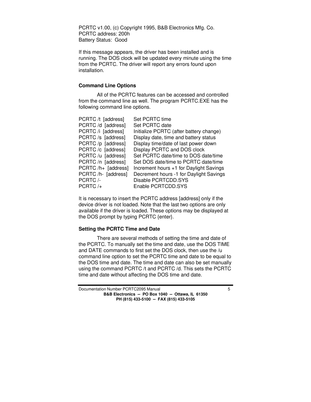 B&B Electronics PCRTC manual Command Line Options, Setting the Pcrtc Time and Date 