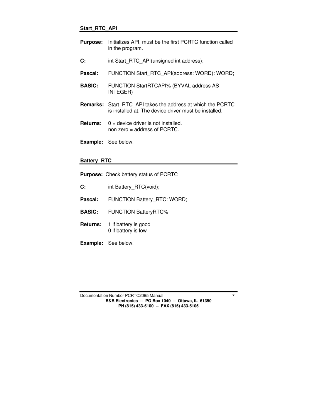 B&B Electronics PCRTC manual StartRTCAPI, BatteryRTC 