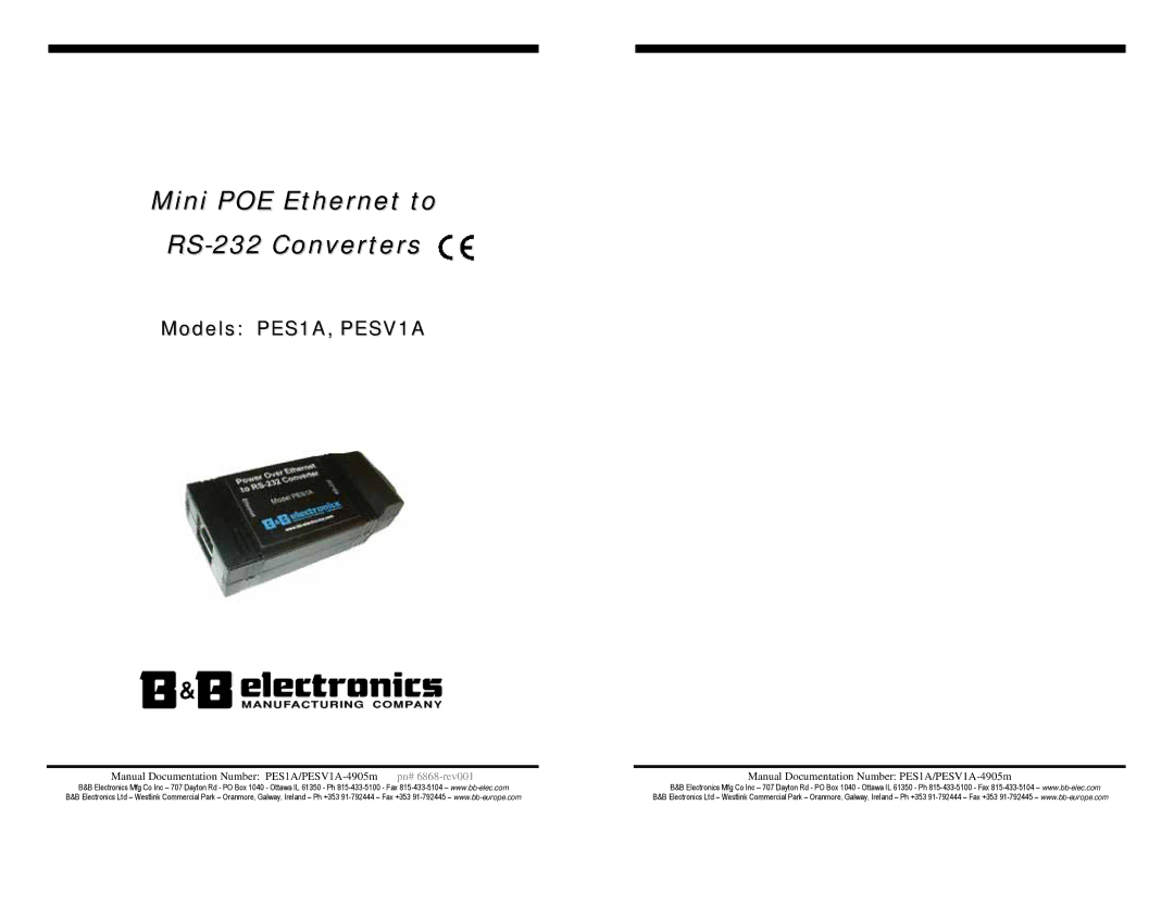 B&B Electronics manual Mini POE Ethernet to RS-232 Converters, Models PES1A, PESV1A 