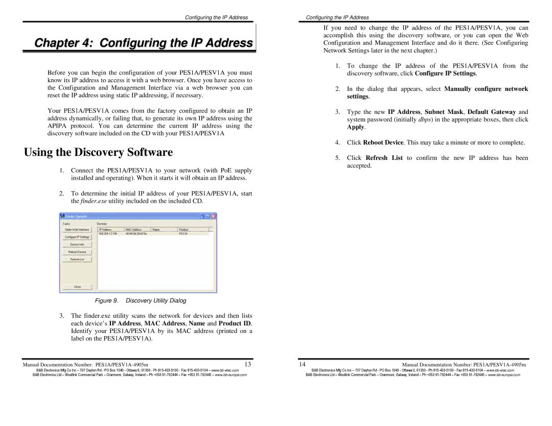 B&B Electronics PESV1A, PES1A manual Configuring the IP Address, Using the Discovery Software 