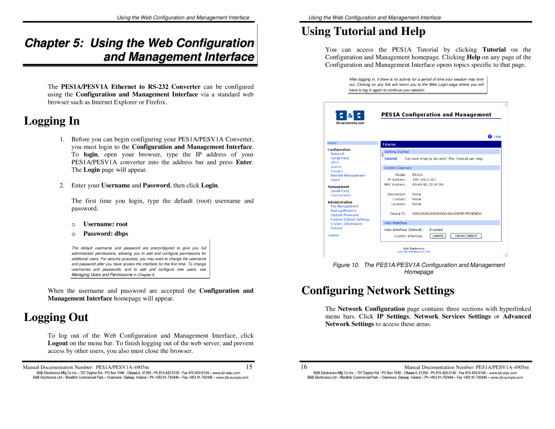 B&B Electronics PES1A manual Using the Web Configuration and Management Interface, Logging Out, Using Tutorial and Help 