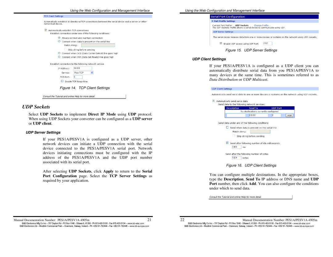 B&B Electronics PES1A, PESV1A, Mini POE Ethernet to RS--232 Converters manual UDP Sockets 