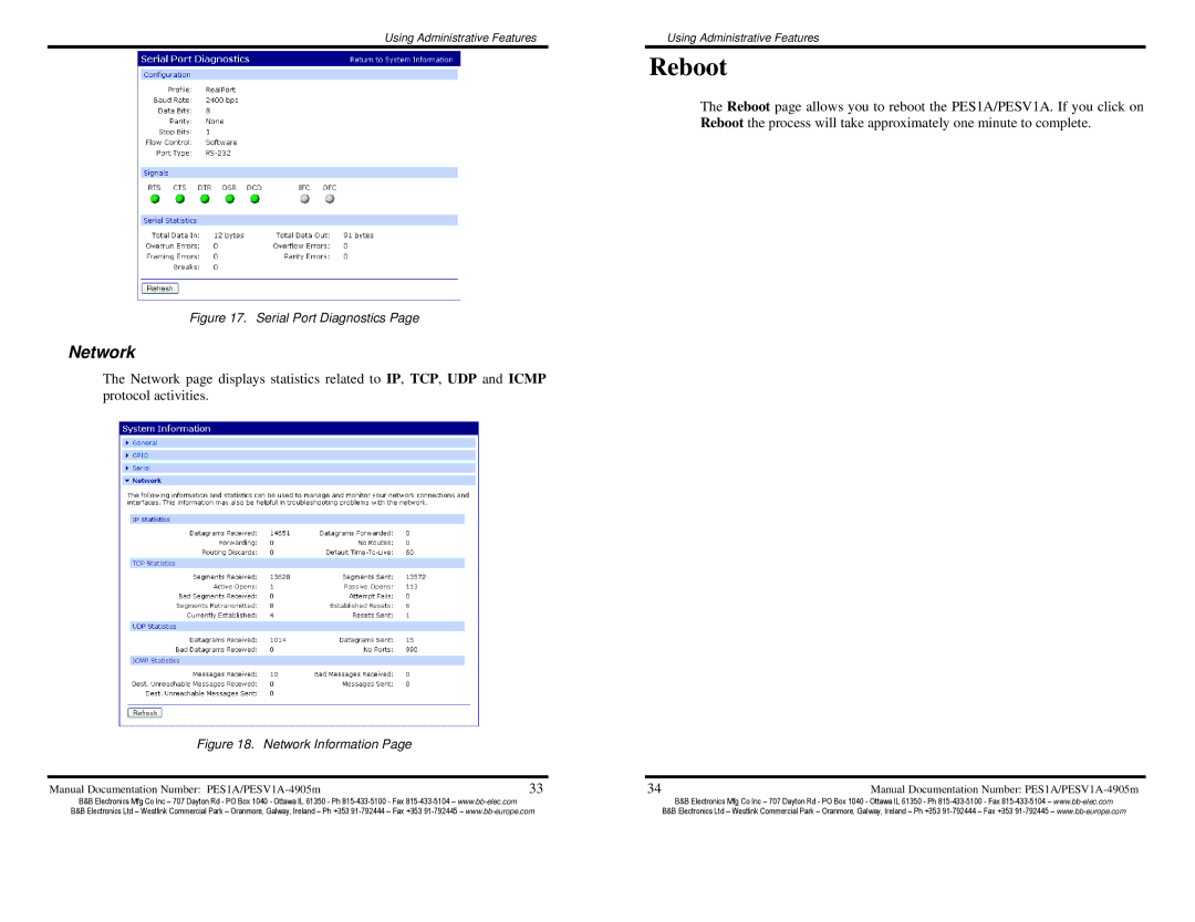 B&B Electronics PES1A, PESV1A, Mini POE Ethernet to RS--232 Converters manual Reboot, Network 