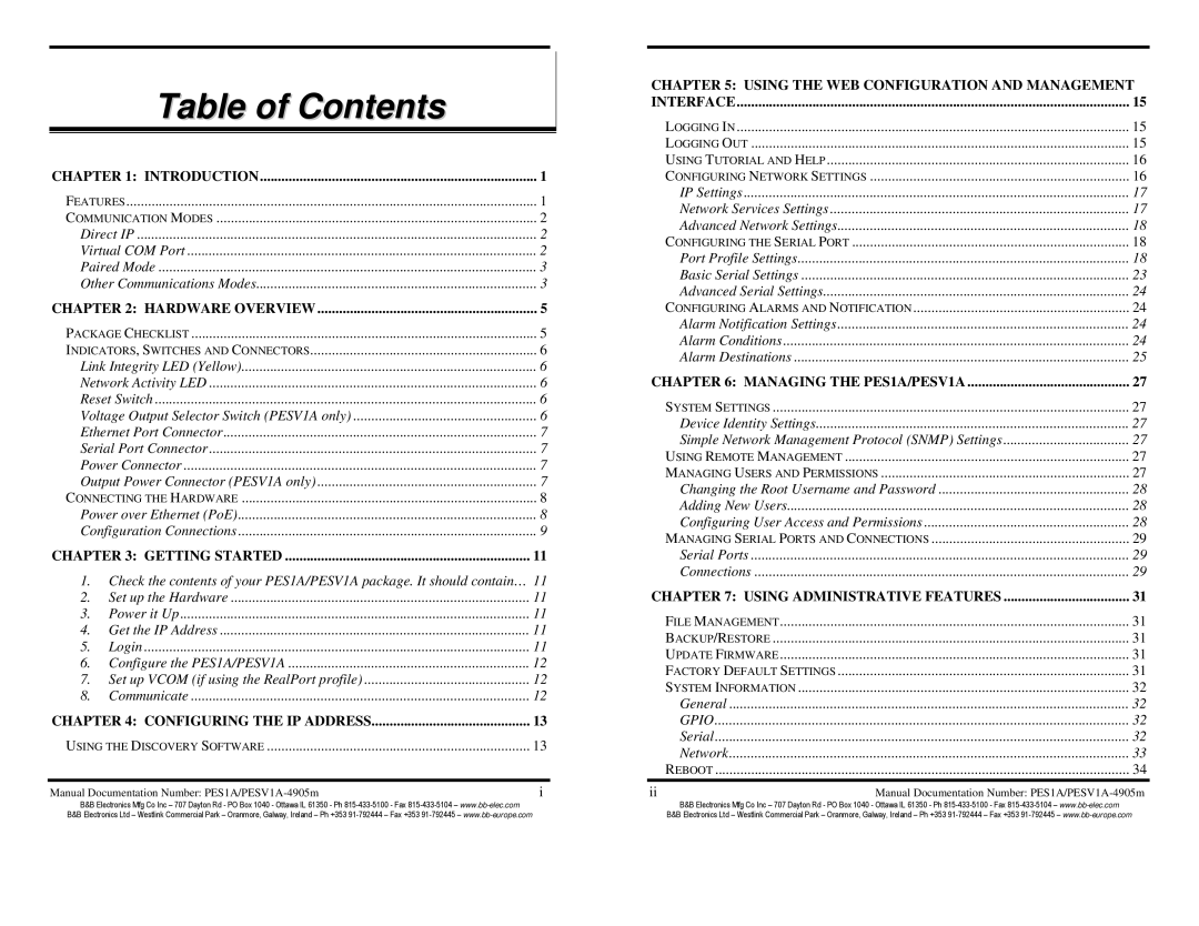 B&B Electronics PES1A, PESV1A, Mini POE Ethernet to RS--232 Converters manual Table of Contents 