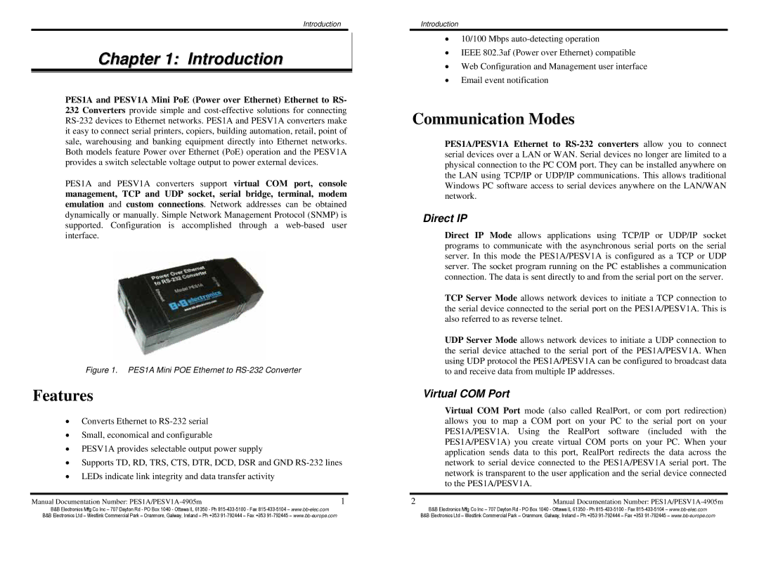 B&B Electronics PESV1A, PES1A manual Introduction, Features, Communication Modes, Direct IP, Virtual COM Port 