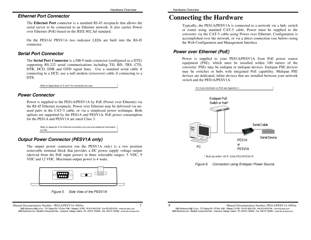 B&B Electronics PESV1A, PES1A, Mini POE Ethernet to RS--232 Converters manual Connecting the Hardware 