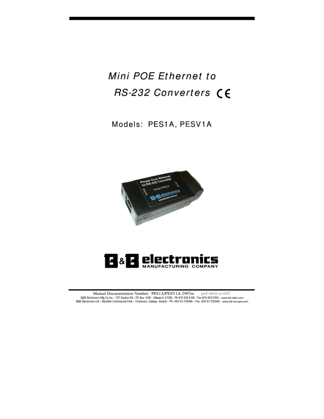 B&B Electronics manual Mini POE Ethernet to RS-232 Converters, Models PES1A, PESV1A 