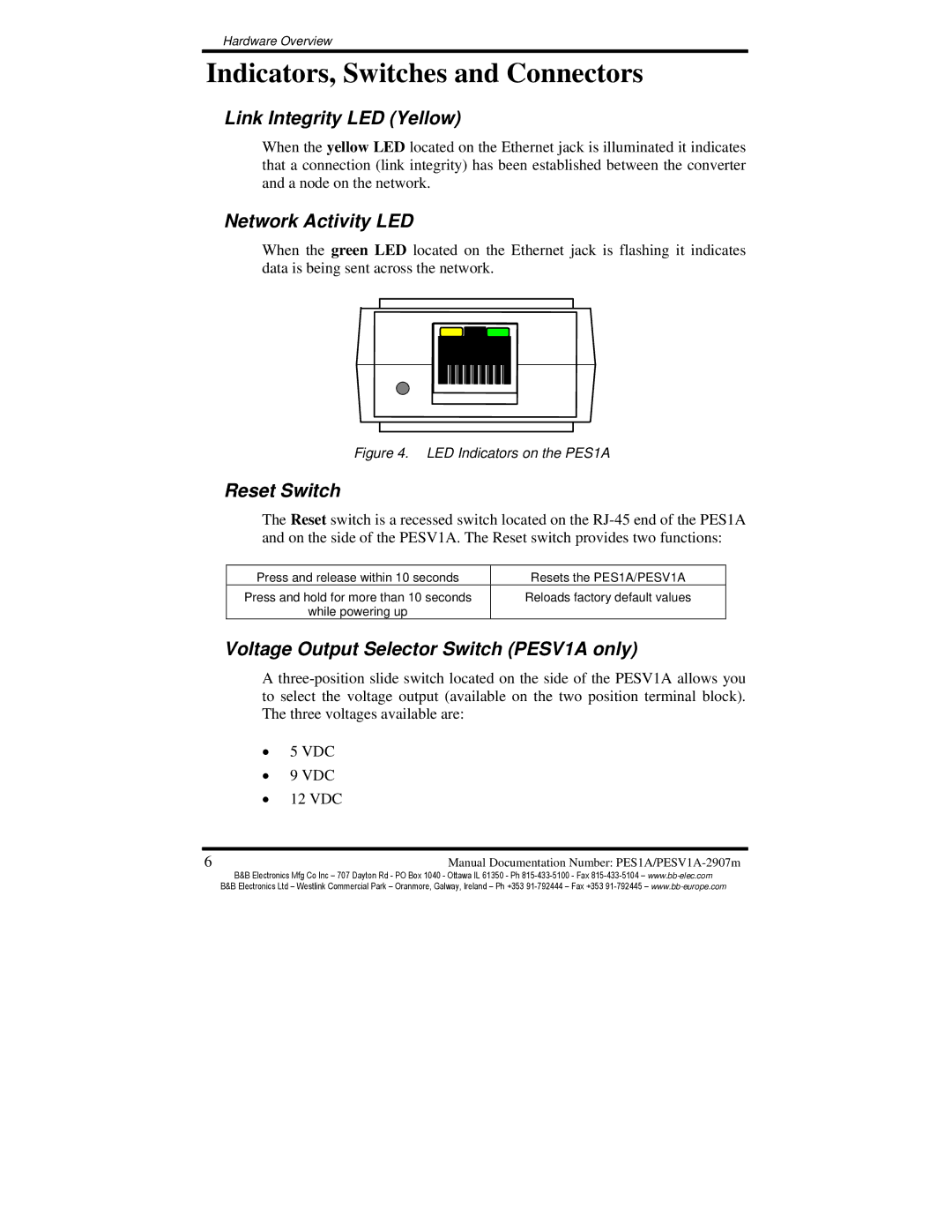 B&B Electronics PESV1A Indicators, Switches and Connectors, Link Integrity LED Yellow, Network Activity LED, Reset Switch 