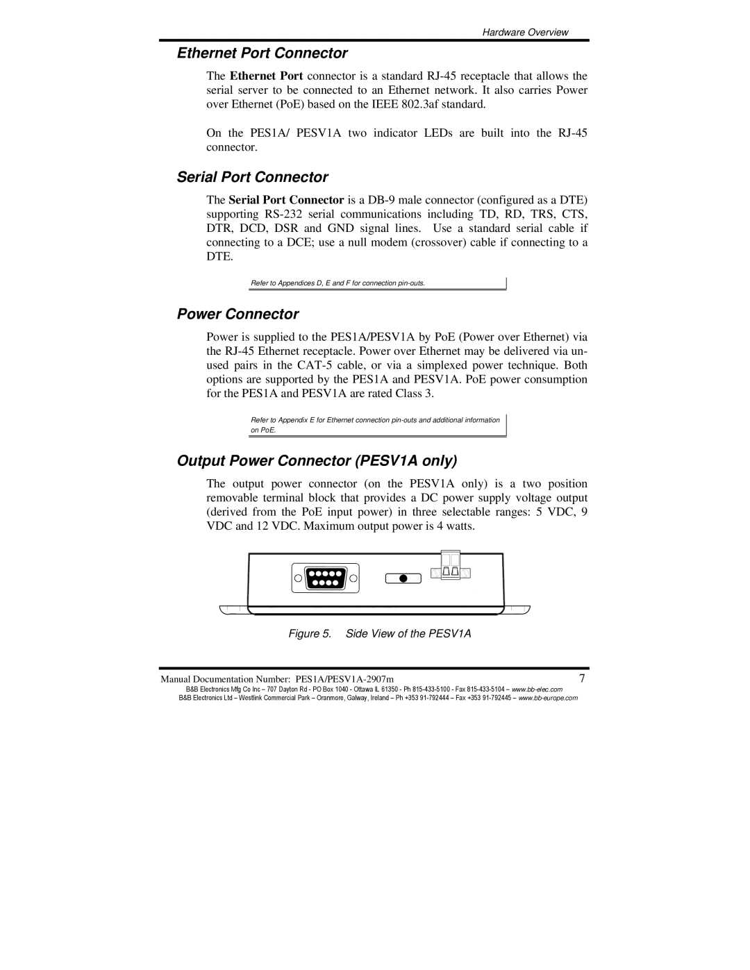 B&B Electronics PES1A manual Ethernet Port Connector, Serial Port Connector, Output Power Connector PESV1A only 