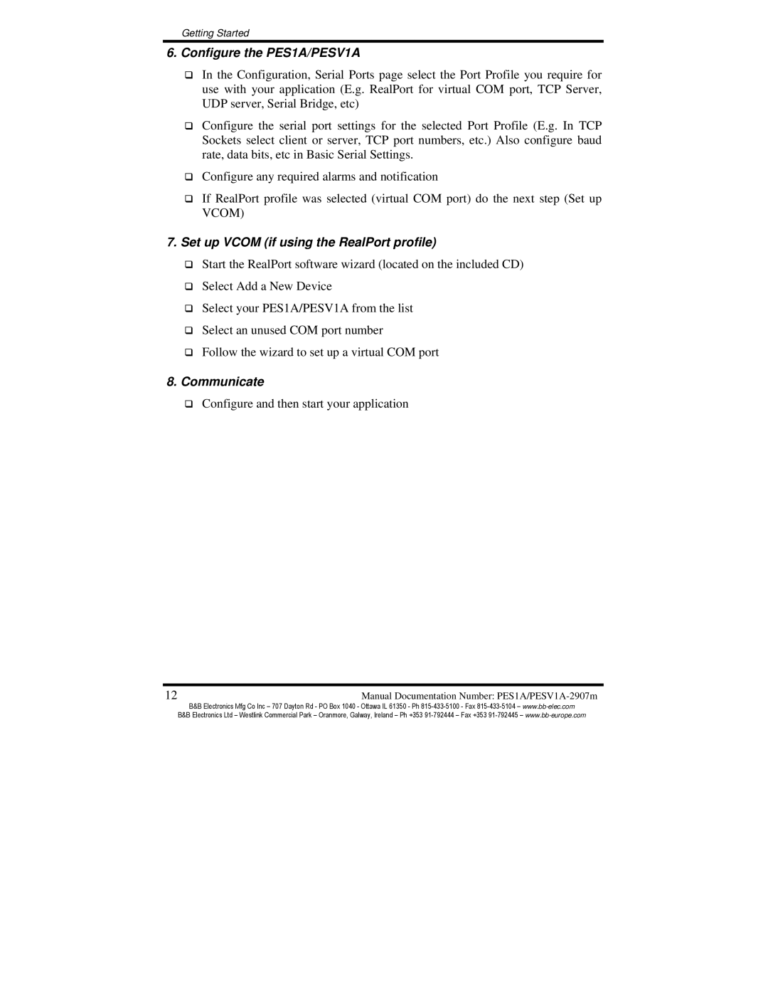 B&B Electronics manual Configure the PES1A/PESV1A 