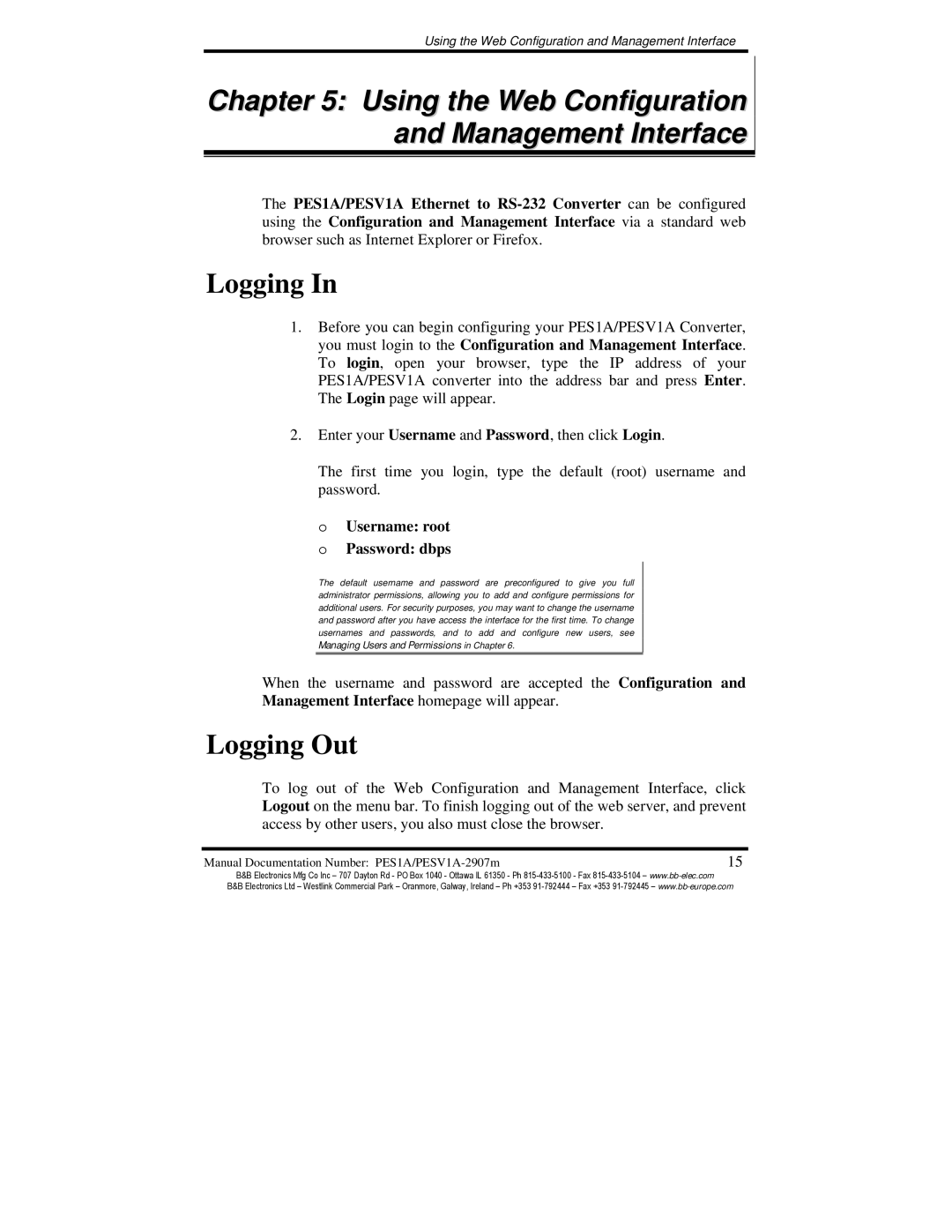 B&B Electronics PES1A, PESV1A manual Using the Web Configuration and Management Interface, Logging Out 