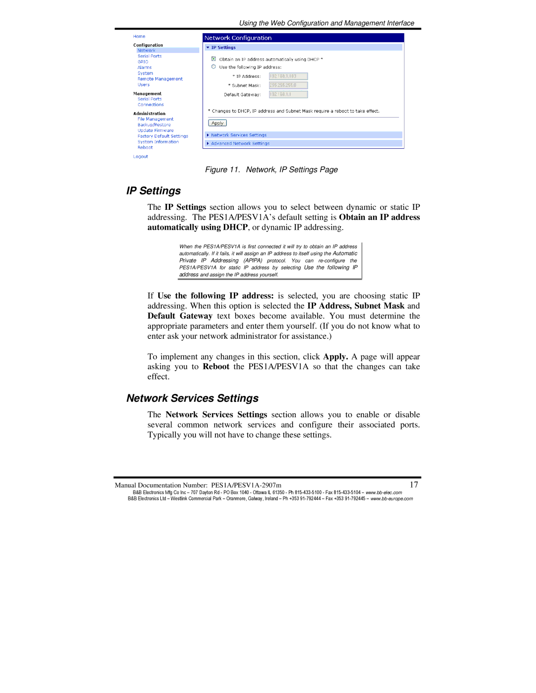 B&B Electronics PES1A, PESV1A manual IP Settings, Network Services Settings 