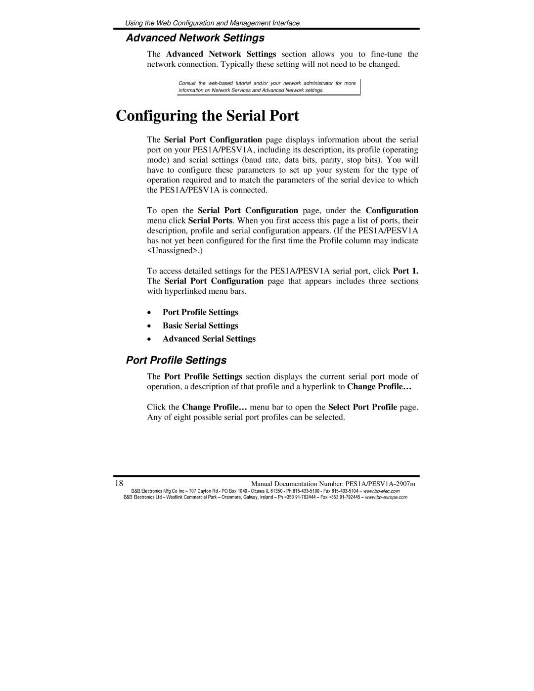 B&B Electronics PESV1A, PES1A manual Configuring the Serial Port, Advanced Network Settings, Port Profile Settings 