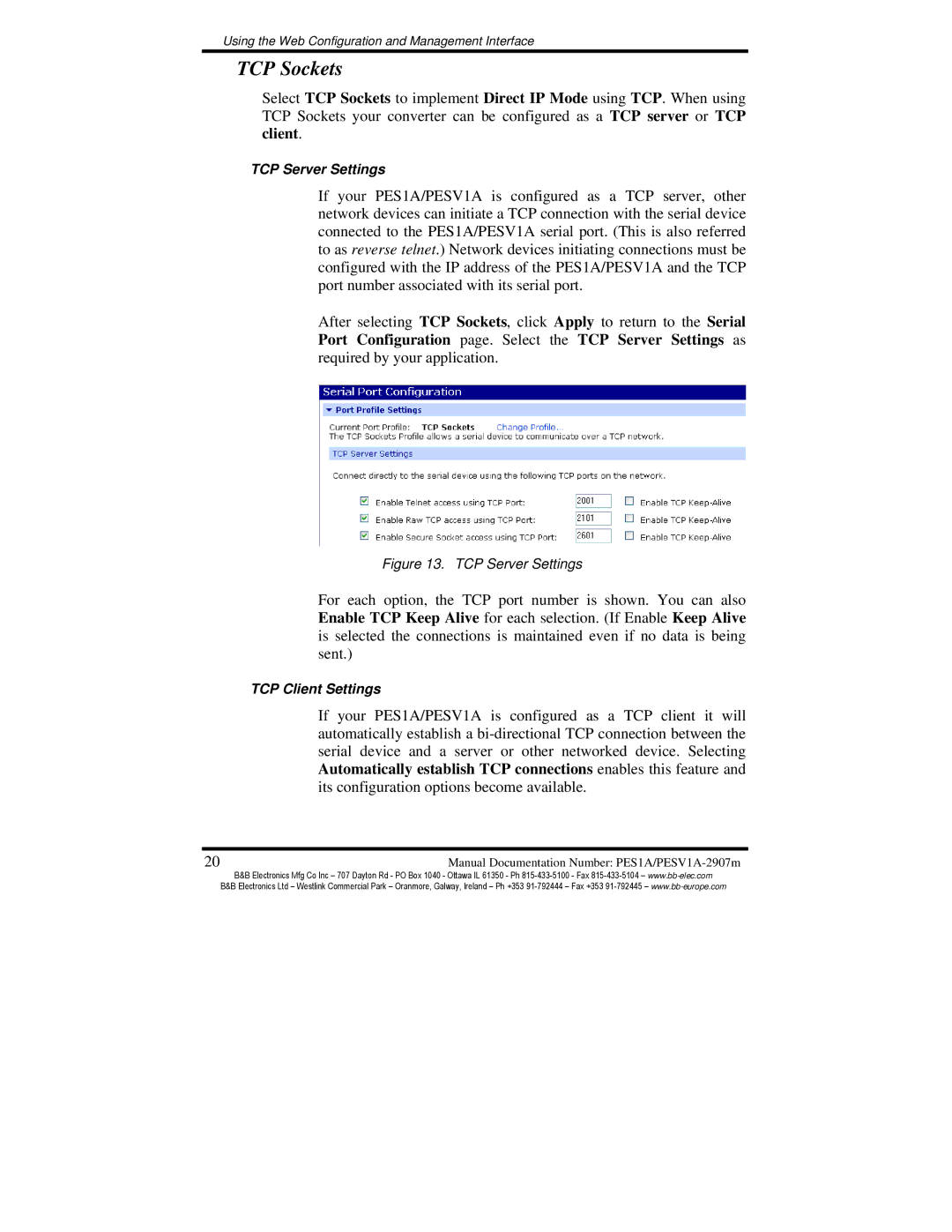 B&B Electronics PESV1A, PES1A manual TCP Sockets 