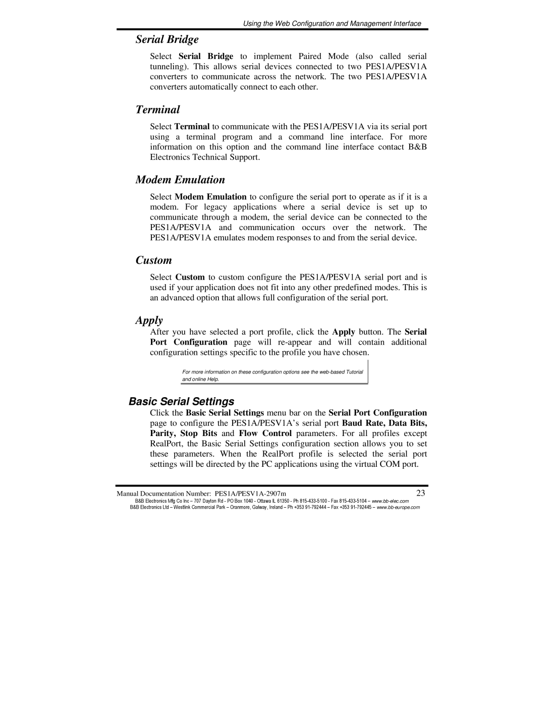 B&B Electronics PES1A, PESV1A manual Serial Bridge, Basic Serial Settings 