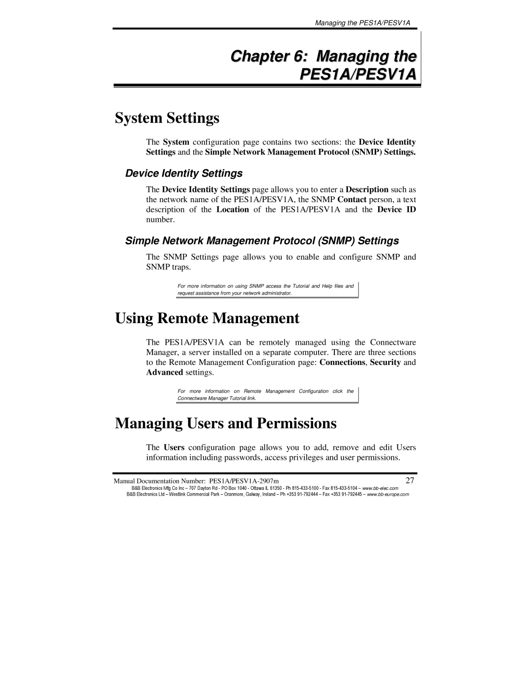 B&B Electronics PES1A, PESV1A manual System Settings, Using Remote Management, Managing Users and Permissions 