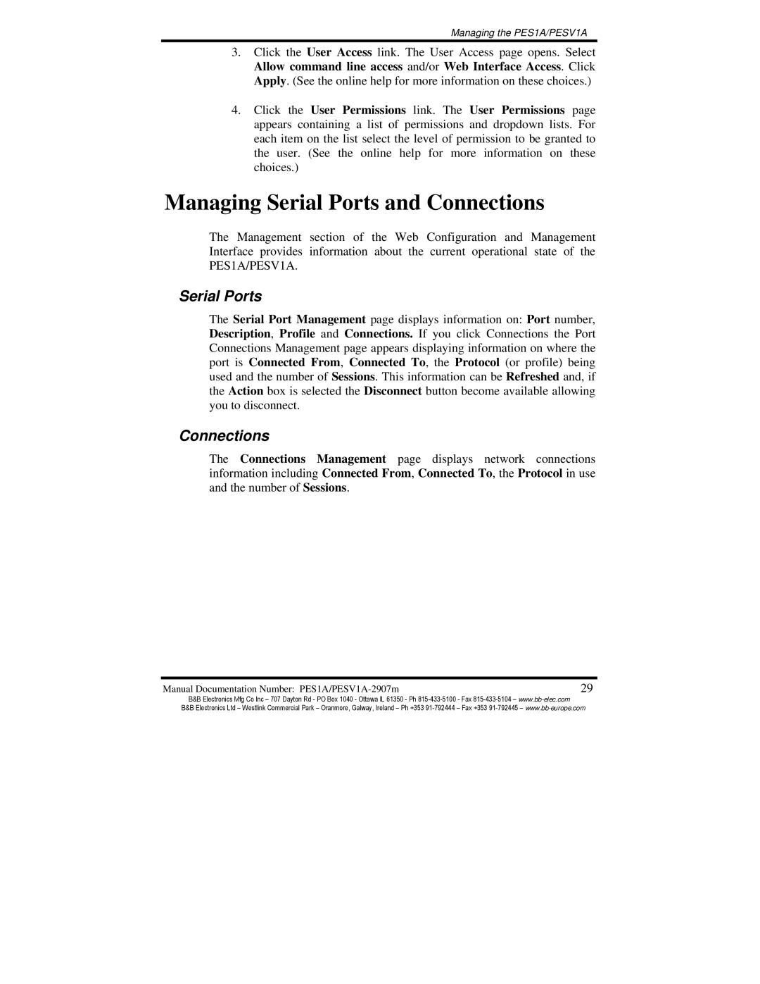 B&B Electronics PES1A, PESV1A manual Managing Serial Ports and Connections 