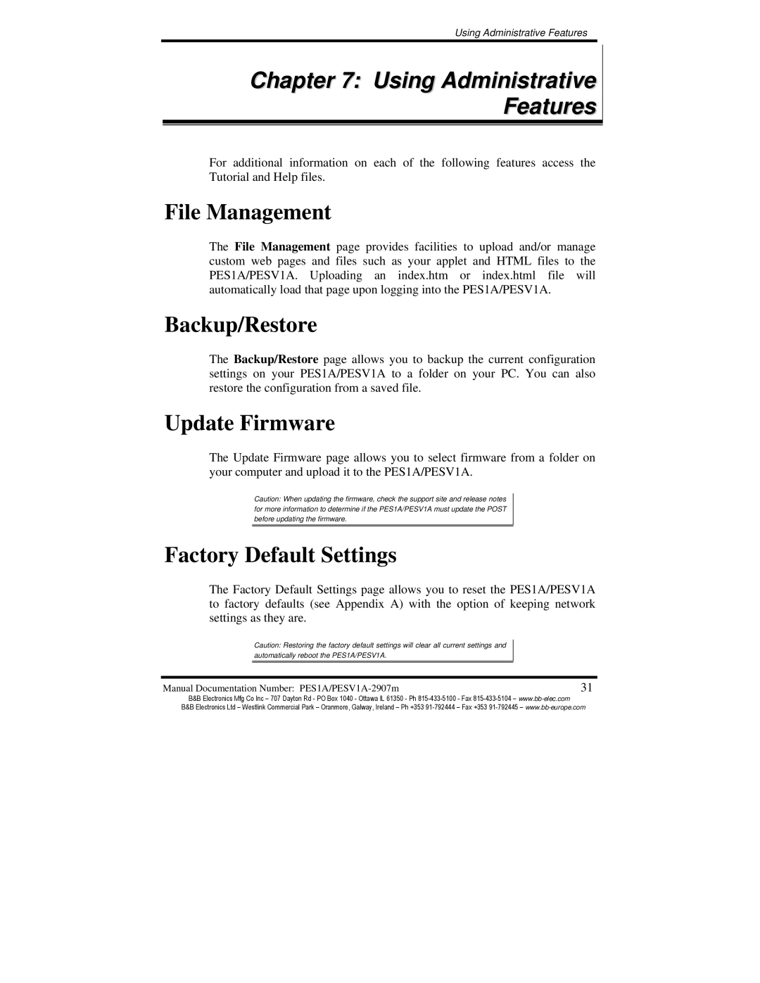 B&B Electronics PES1A, PESV1A manual Using Administrative Features, File Management, Backup/Restore, Update Firmware 