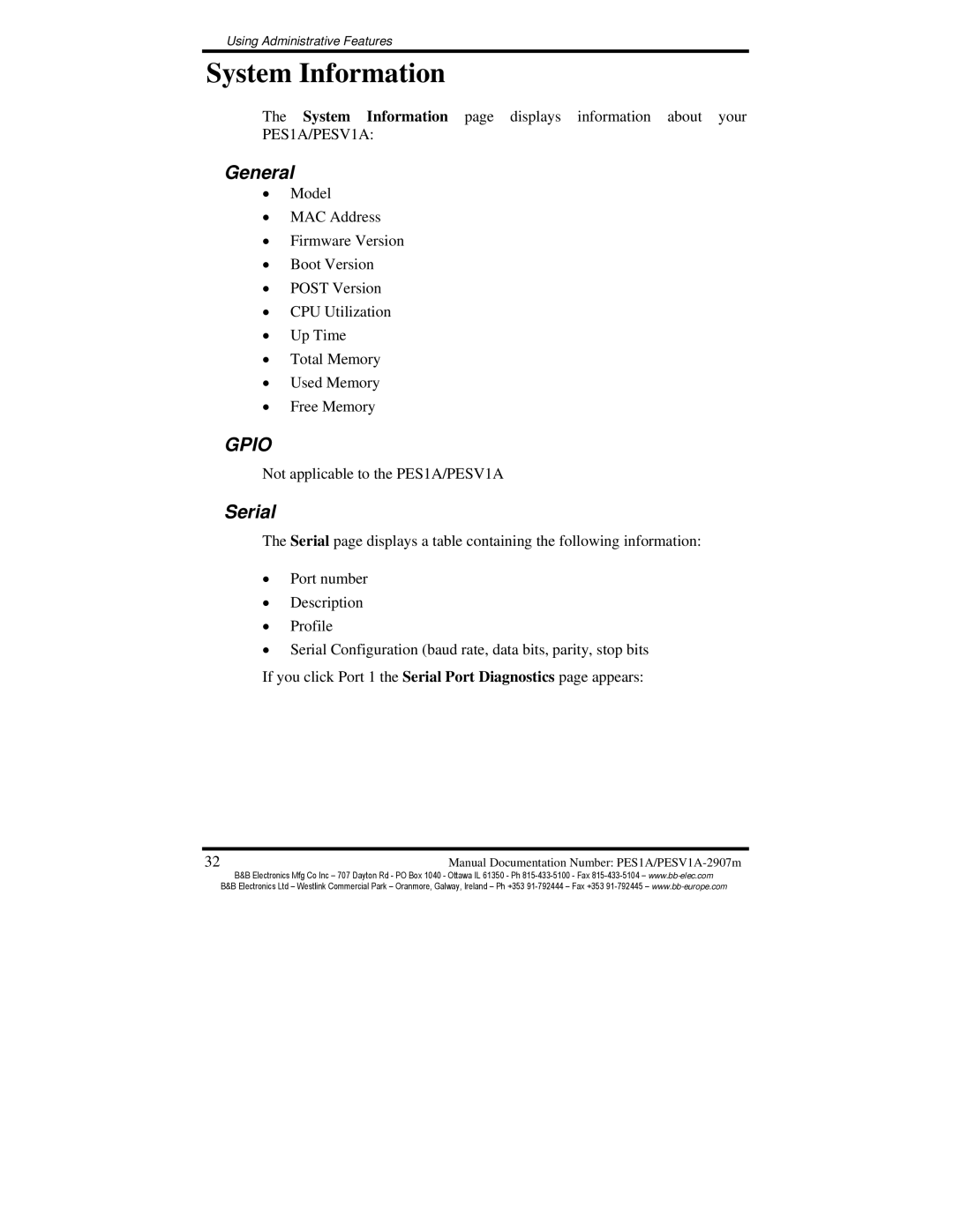 B&B Electronics PESV1A, PES1A manual System Information, General, Serial 