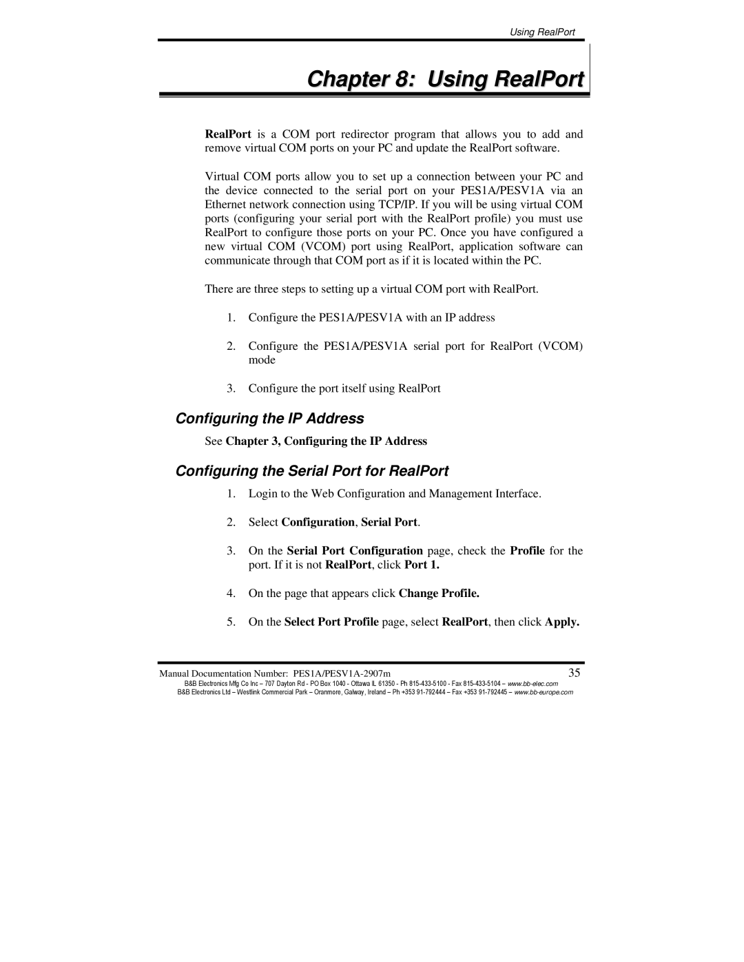 B&B Electronics PES1A, PESV1A manual Using RealPort, Configuring the IP Address, Configuring the Serial Port for RealPort 