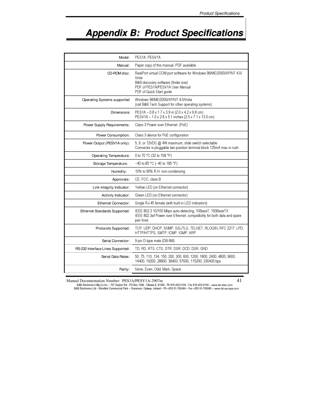 B&B Electronics PES1A, PESV1A manual Appendix B Product Specifications, Manual CD-ROM disc 