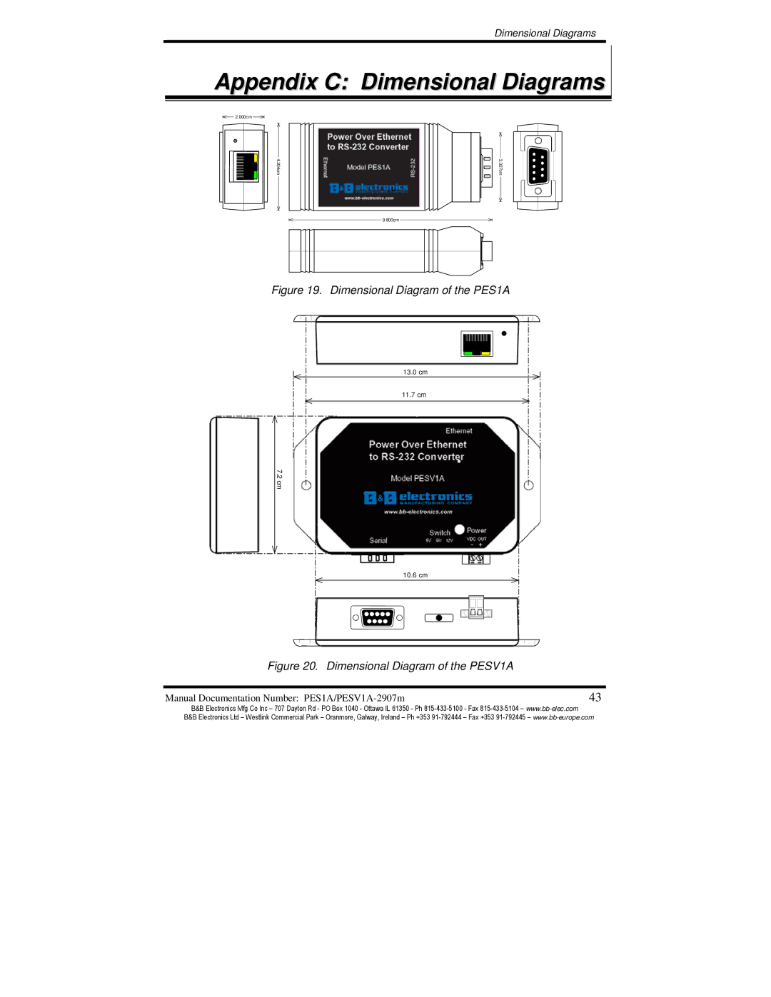 B&B Electronics PESV1A manual Appendix C Dimensional Diagrams, Dimensional Diagram of the PES1A 