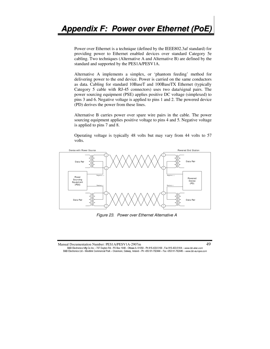 B&B Electronics PES1A, PESV1A manual Appendix F Power over Ethernet PoE, Power over Ethernet Alternative a 