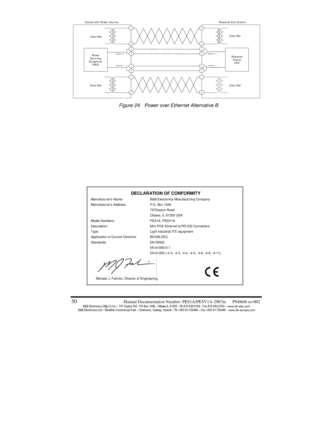 B&B Electronics PESV1A, PES1A manual Power over Ethernet Alternative B 