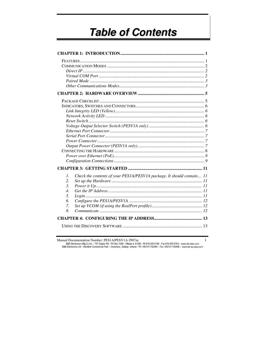 B&B Electronics PES1A, PESV1A manual Table of Contents 