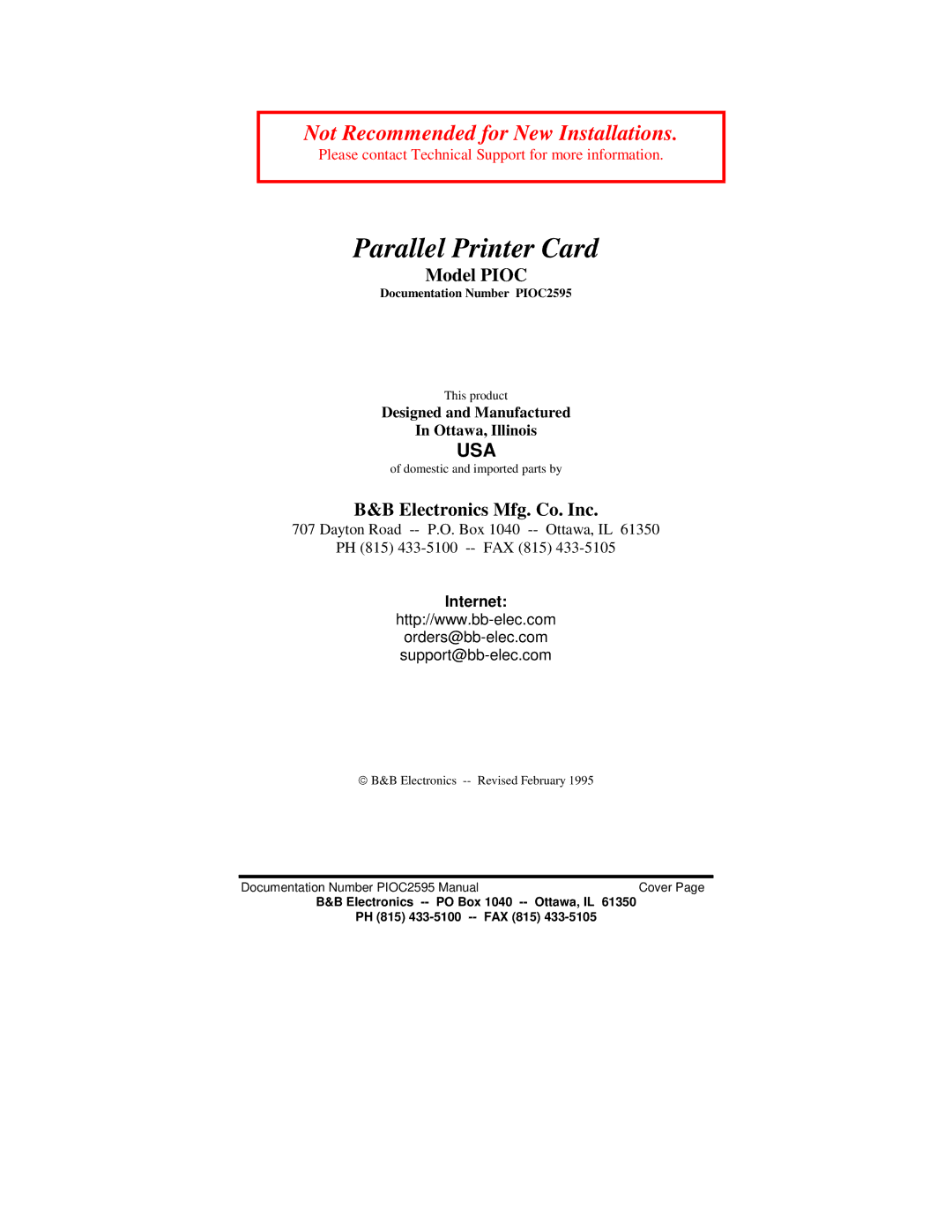 B&B Electronics PIOC manual Parallel Printer Card, Internet 