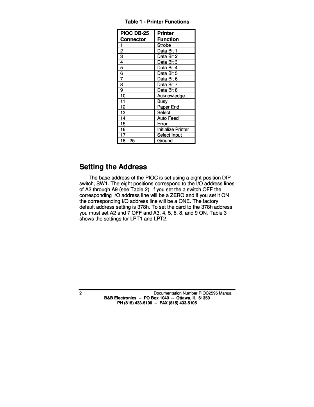 B&B Electronics manual Setting the Address, Printer Functions, PIOC DB-25, Connector 