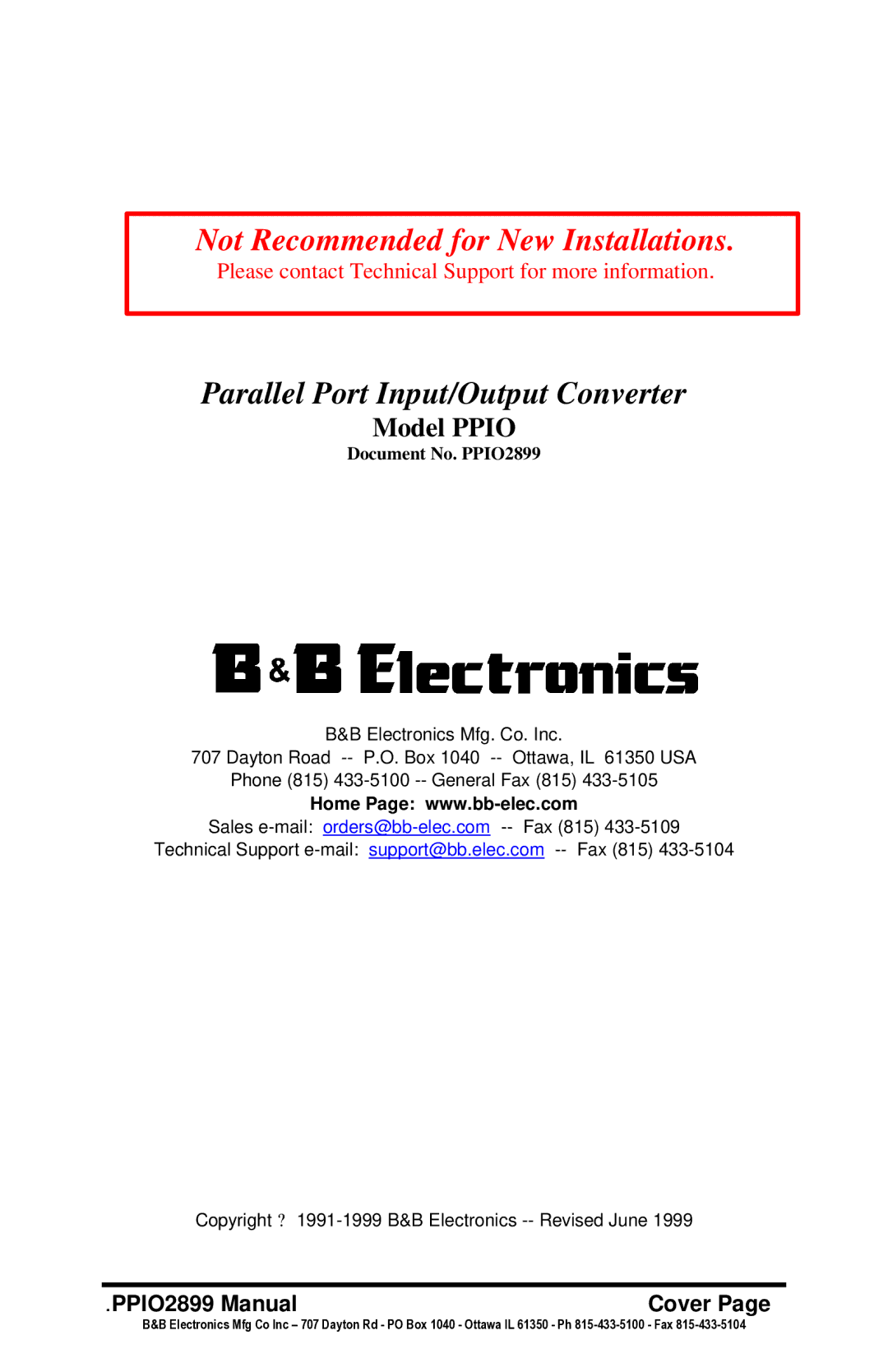 B&B Electronics PPIO manual Not Recommended for New Installations 