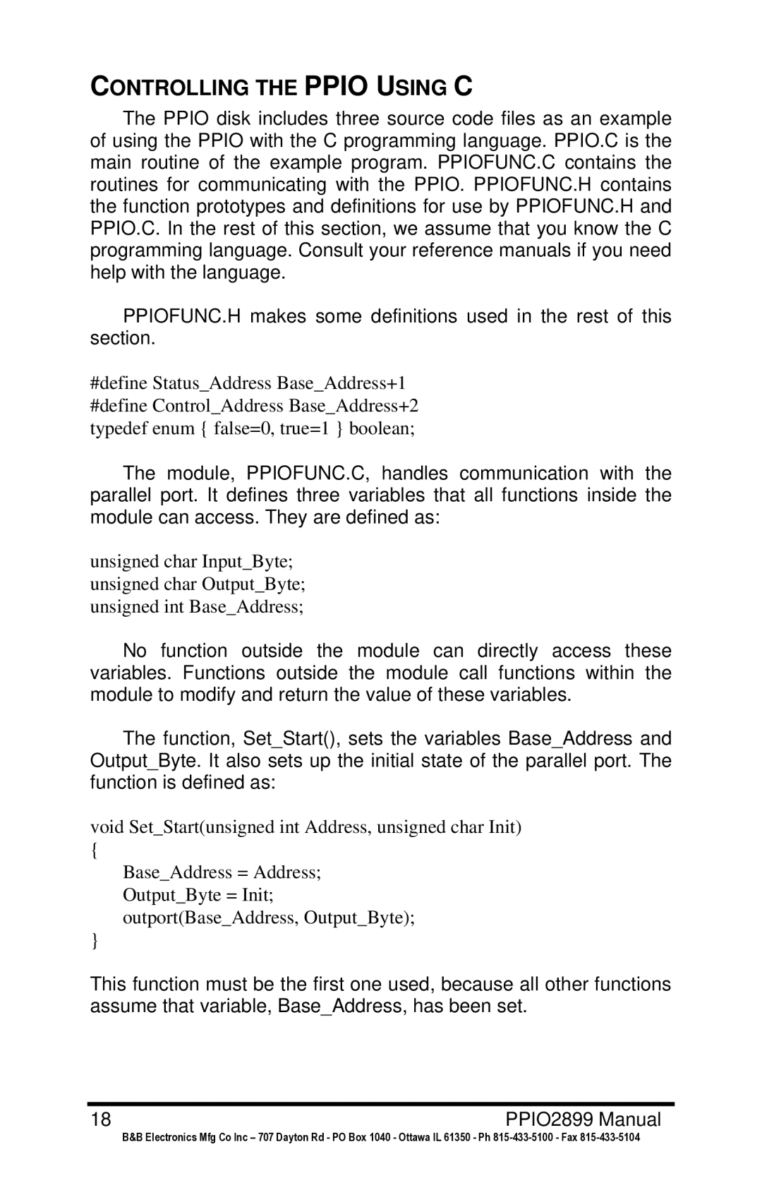 B&B Electronics PPIO manual Controlling the Ppio Using C 