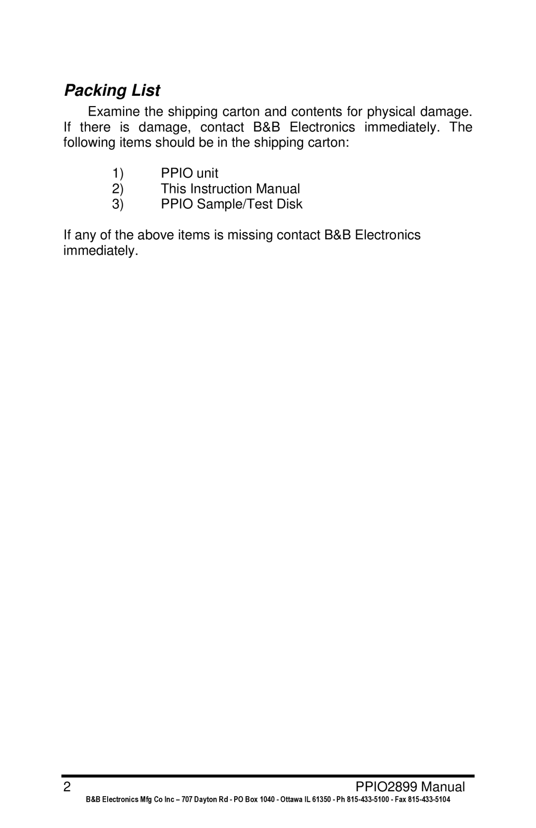 B&B Electronics PPIO manual Packing List 